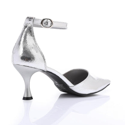 Faux Leather Pointed-Toe Kitten Heels - Silver
