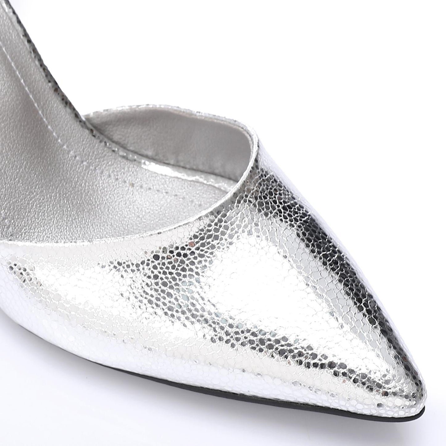 Faux Leather Pointed-Toe Kitten Heels - Silver