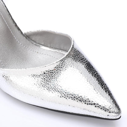 Faux Leather Pointed-Toe Kitten Heels - Silver