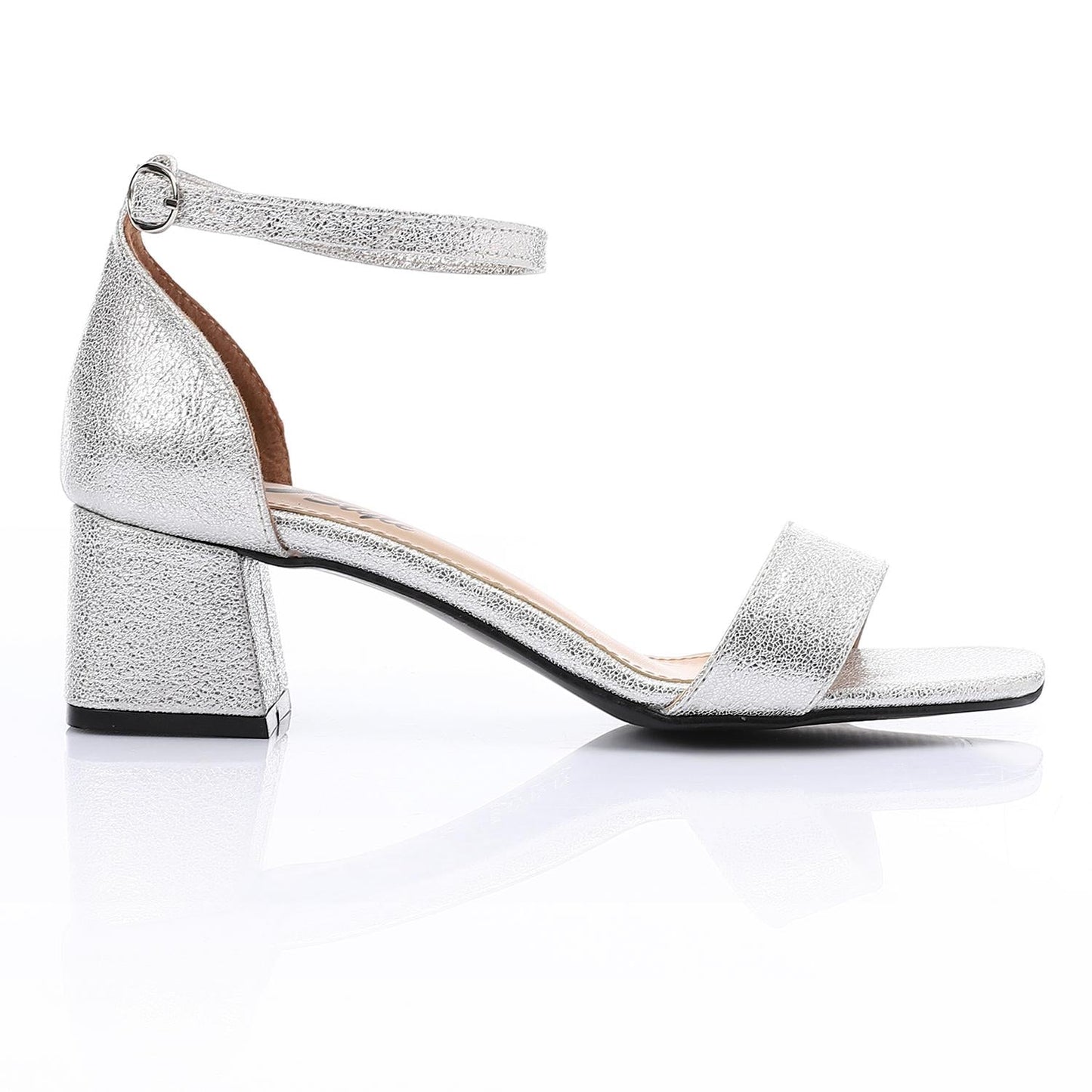 Leather Low Heeled Ankle Strap Sandals - Silver