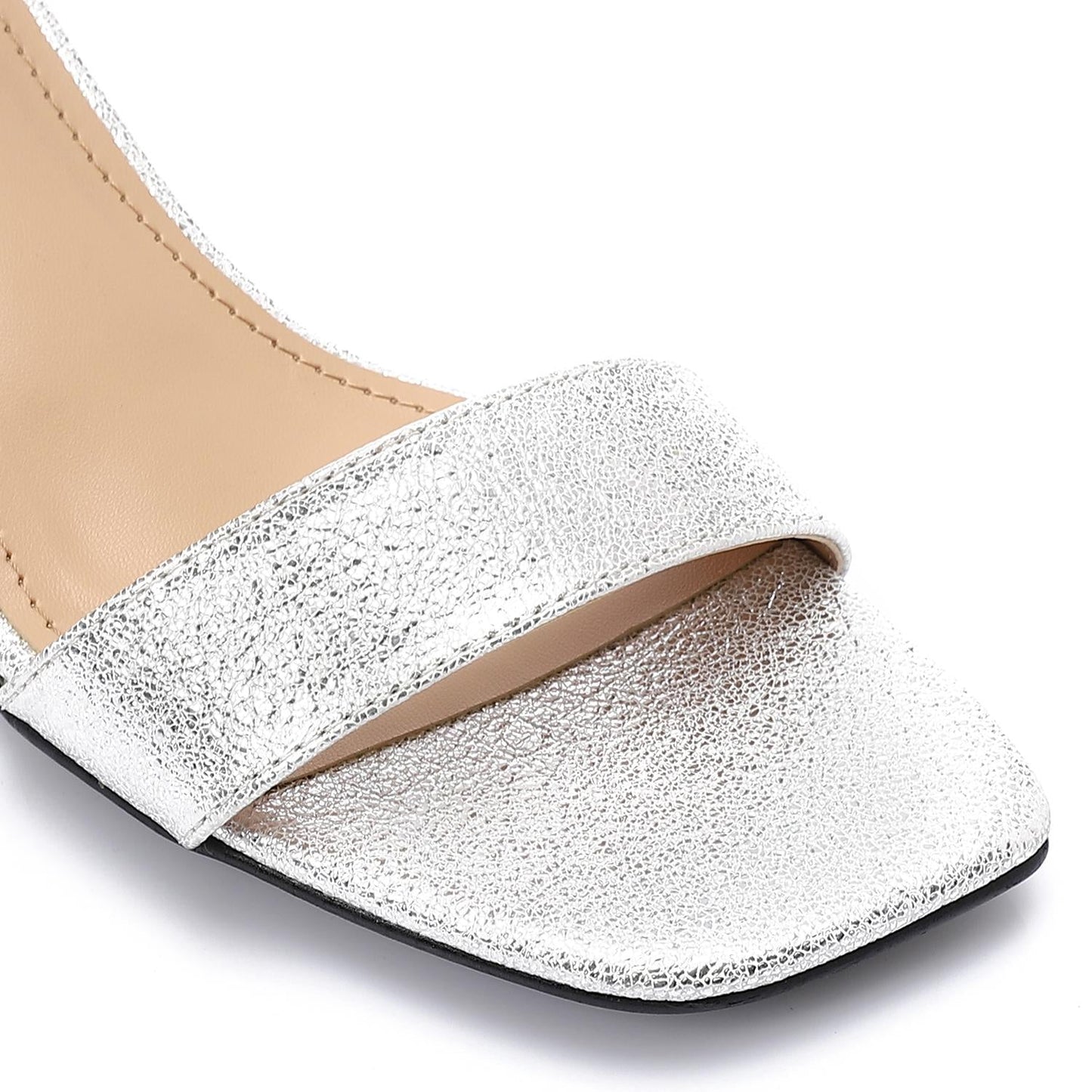 Leather Low Heeled Ankle Strap Sandals - Silver