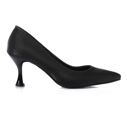 Leather Textured Pointed-Toe Kitten Heels - Black