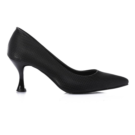 Leather Textured Pointed-Toe Kitten Heels - Black