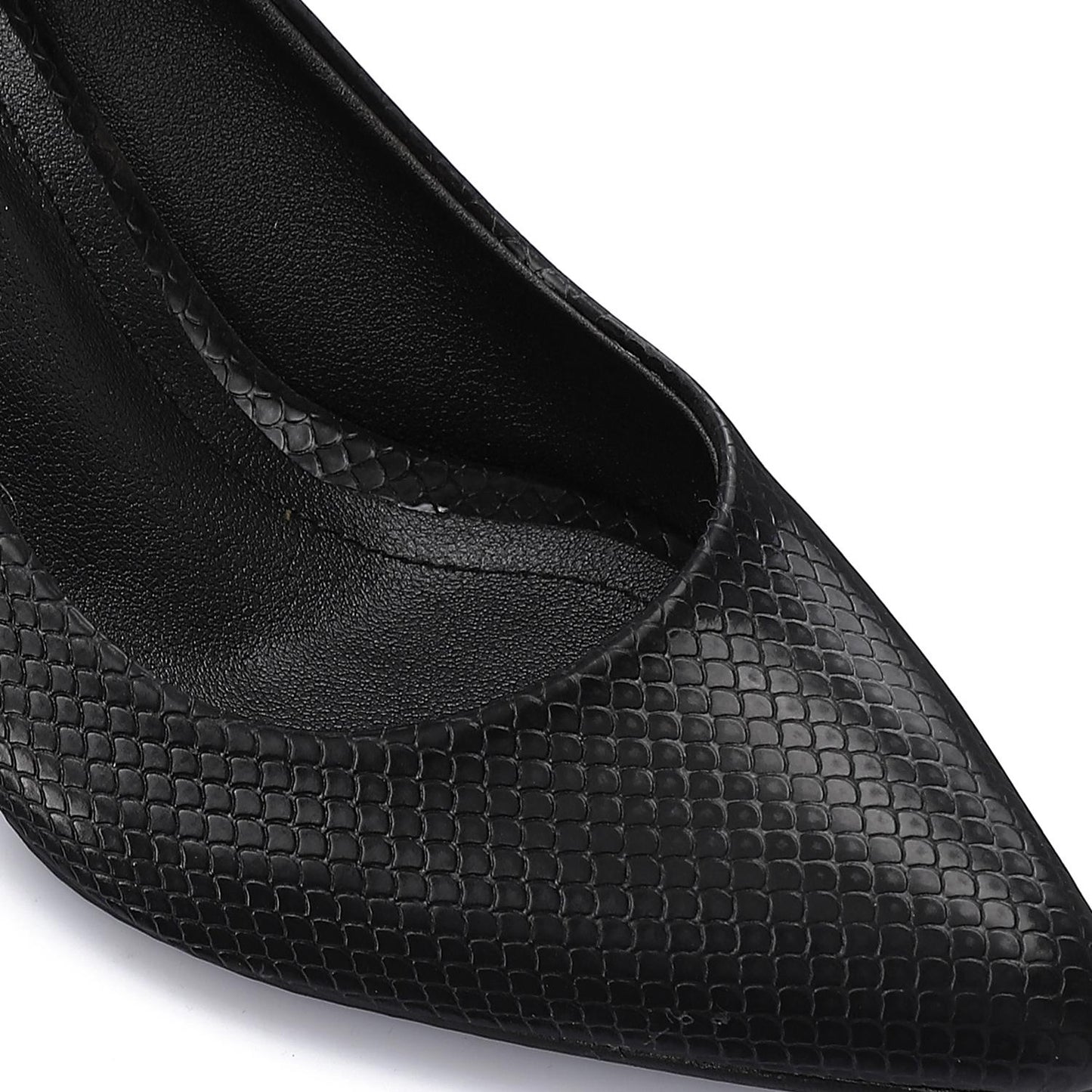 Leather Textured Pointed-Toe Kitten Heels - Black