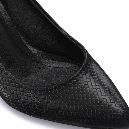 Leather Textured Pointed-Toe Kitten Heels - Black