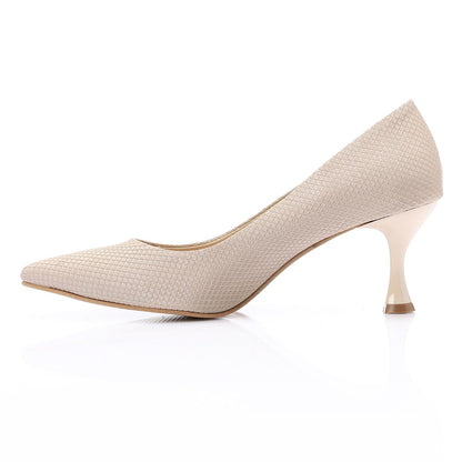 Leather Textured Pointed-Toe Kitten Heels - Beige