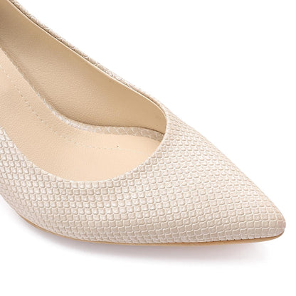 Leather Textured Pointed-Toe Kitten Heels - Beige