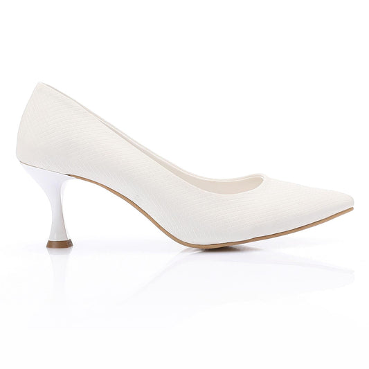 Leather Textured Pointed-Toe Kitten Heels - White