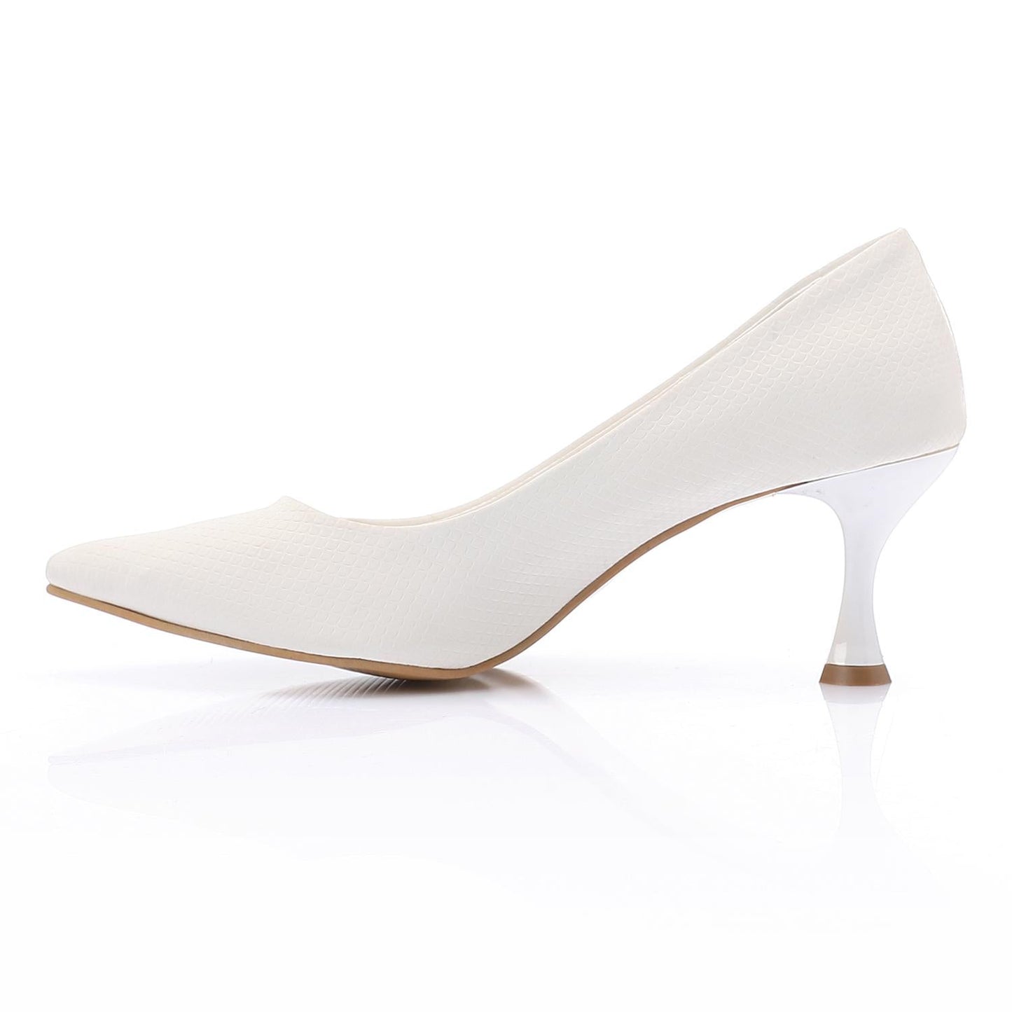 Leather Textured Pointed-Toe Kitten Heels - White
