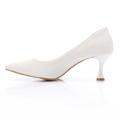 Leather Textured Pointed-Toe Kitten Heels - White