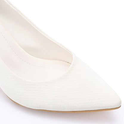 Leather Textured Pointed-Toe Kitten Heels - White