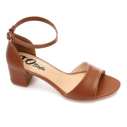 Faux Leather Solid Block Heel Sandals – Camel