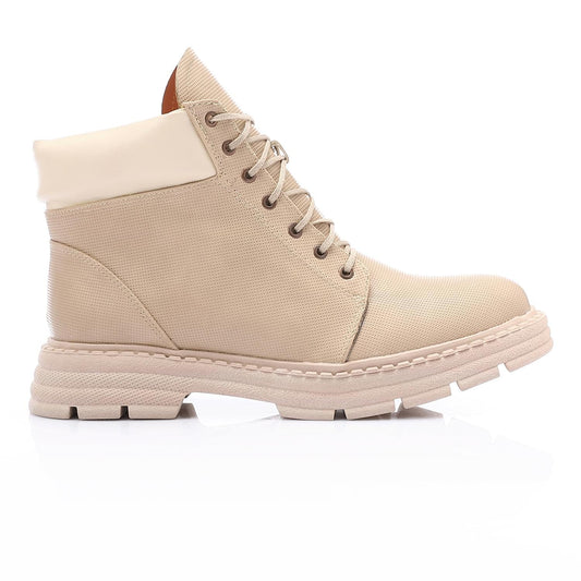 Faux Leather Croc-Embossed Ankle Boots - Beige