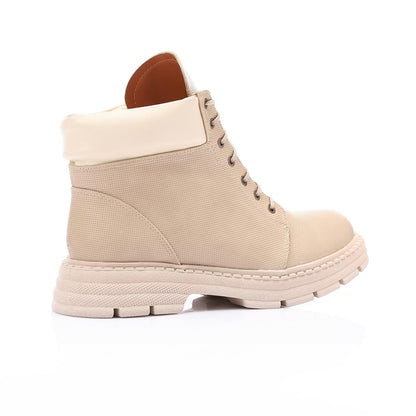 Faux Leather Croc-Embossed Ankle Boots - Beige