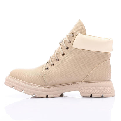 Faux Leather Croc-Embossed Ankle Boots - Beige