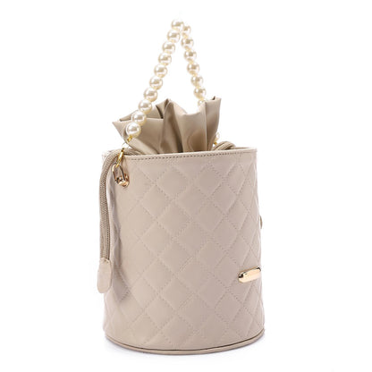Faux leather Bucket Bag with Pearl Handle - Beige
