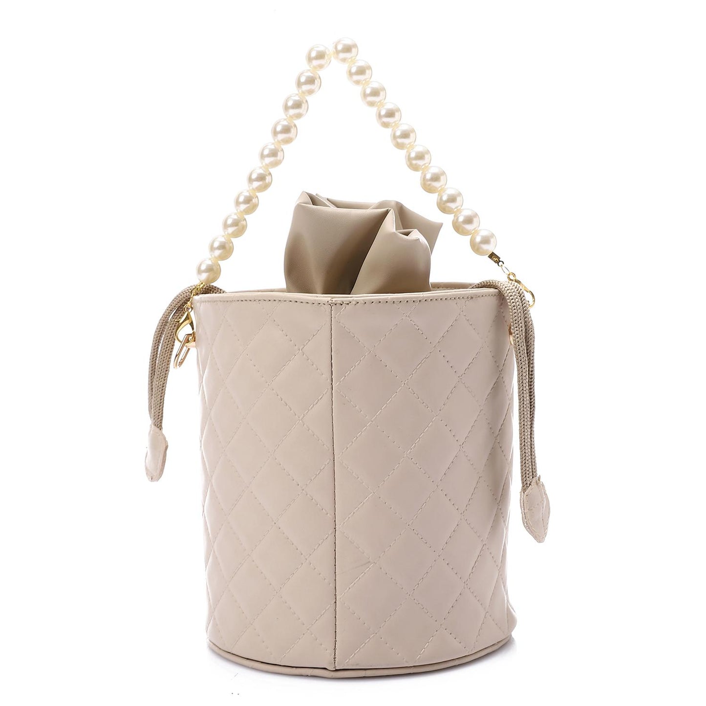 Faux leather Bucket Bag with Pearl Handle - Beige