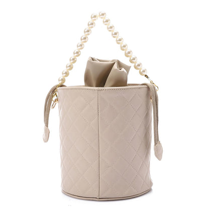 Faux leather Bucket Bag with Pearl Handle - Beige