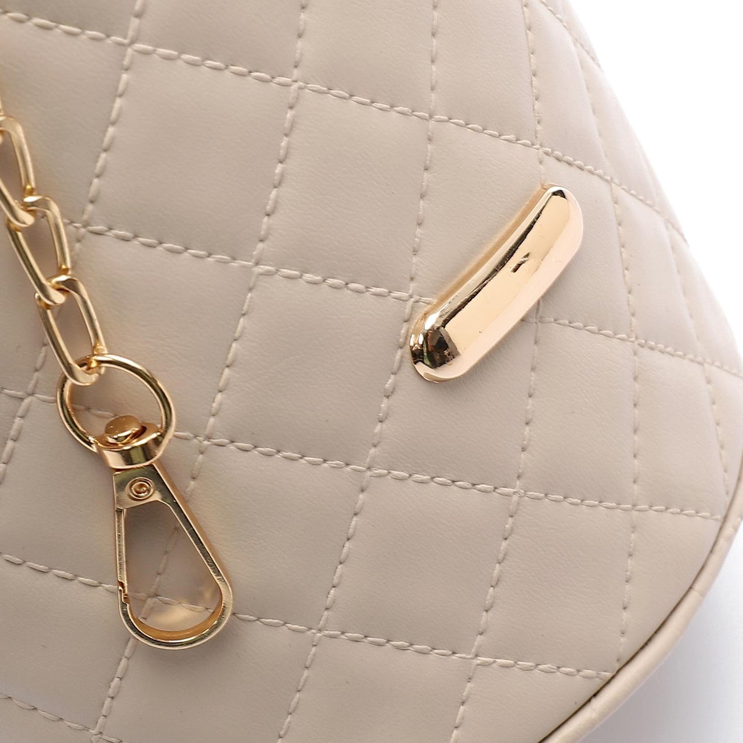 Faux leather Bucket Bag with Pearl Handle - Beige