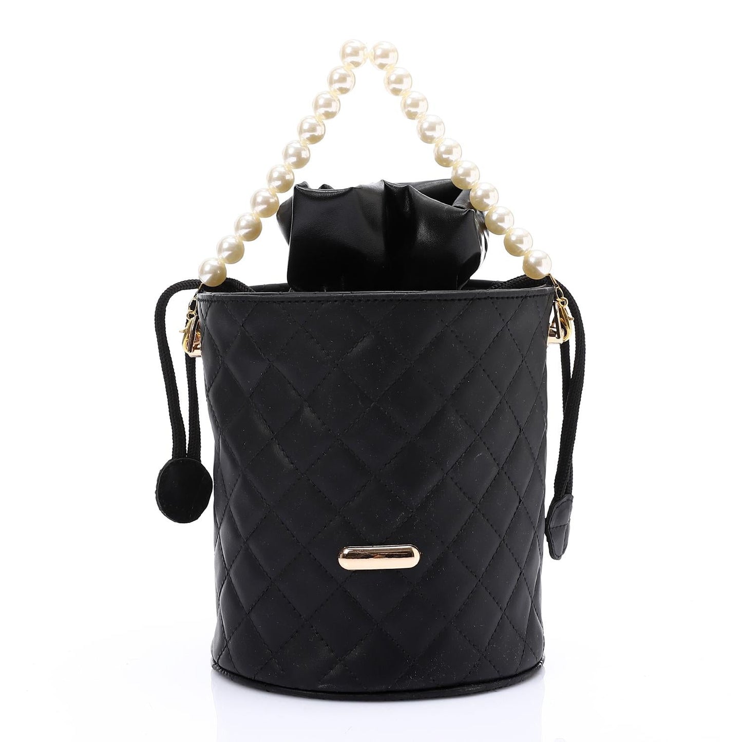 Faux leather Bucket Bag with Pearl Handle - Black