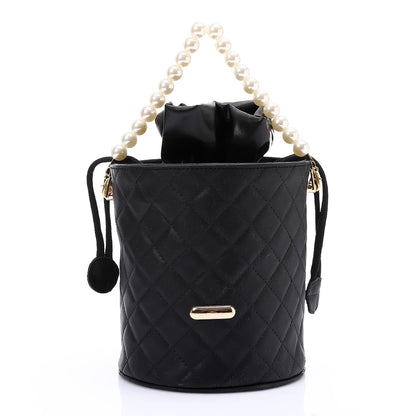 Faux leather Bucket Bag with Pearl Handle - Black