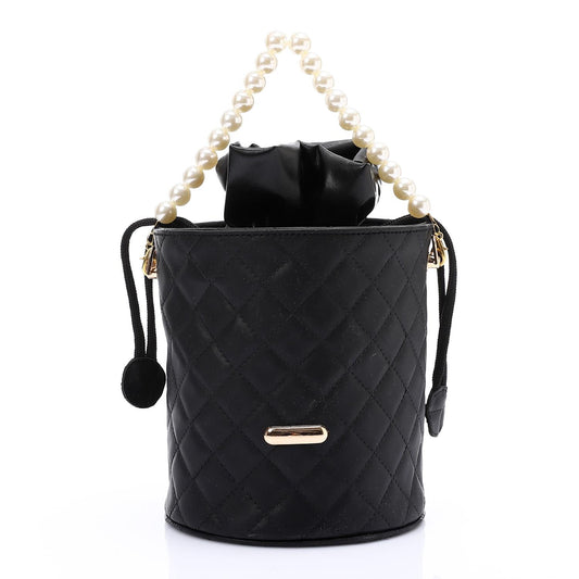 Faux leather Bucket Bag with Pearl Handle - Black