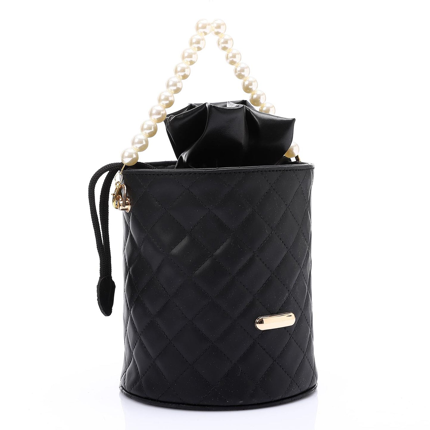 Faux leather Bucket Bag with Pearl Handle - Black