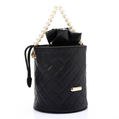 Faux leather Bucket Bag with Pearl Handle - Black