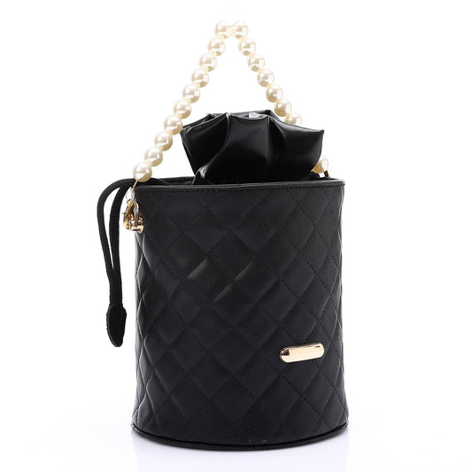 Faux leather Bucket Bag with Pearl Handle - Black