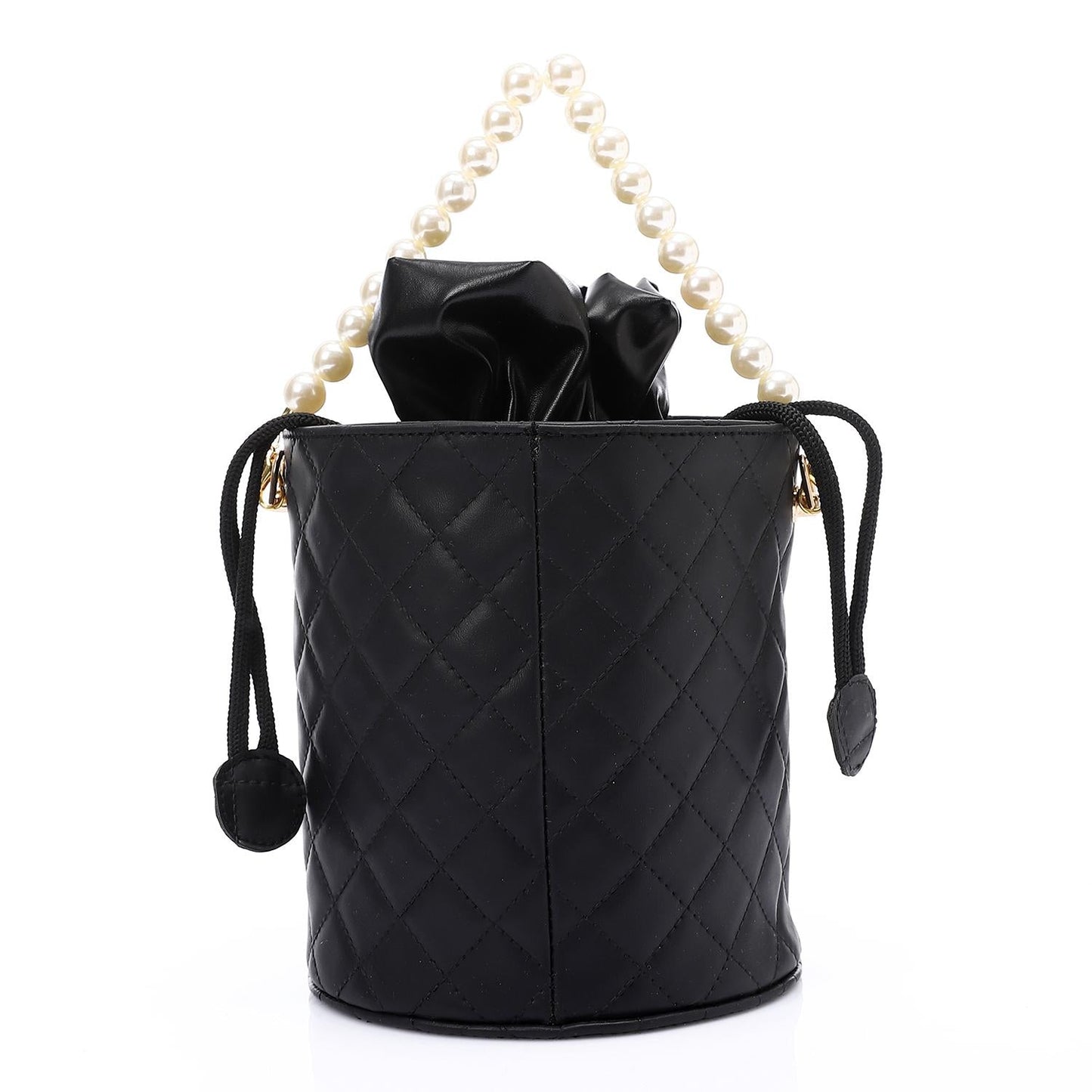 Faux leather Bucket Bag with Pearl Handle - Black