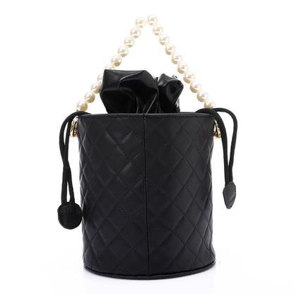 Faux leather Bucket Bag with Pearl Handle - Black