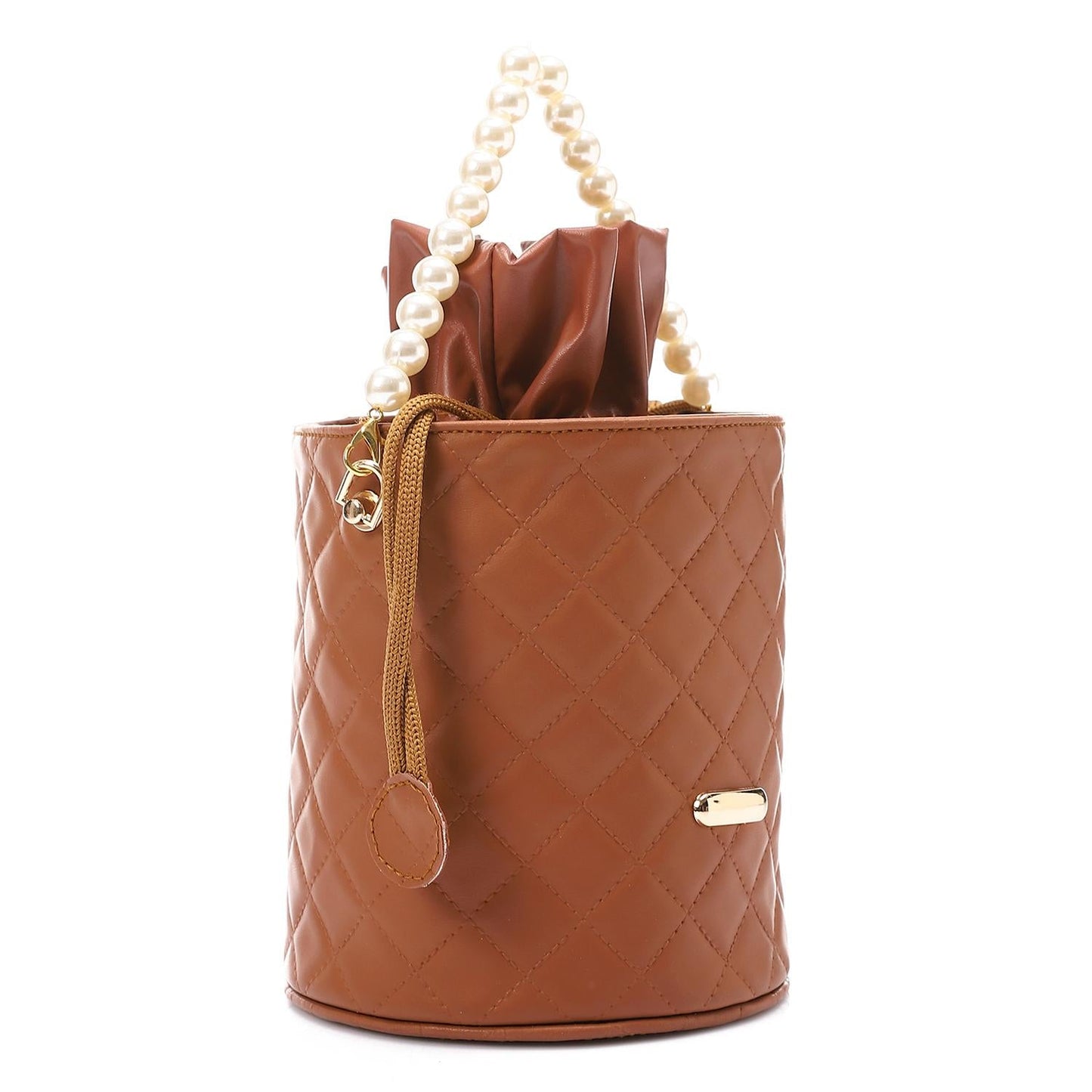Faux leather Bucket Bag with Pearl Handle - Brown