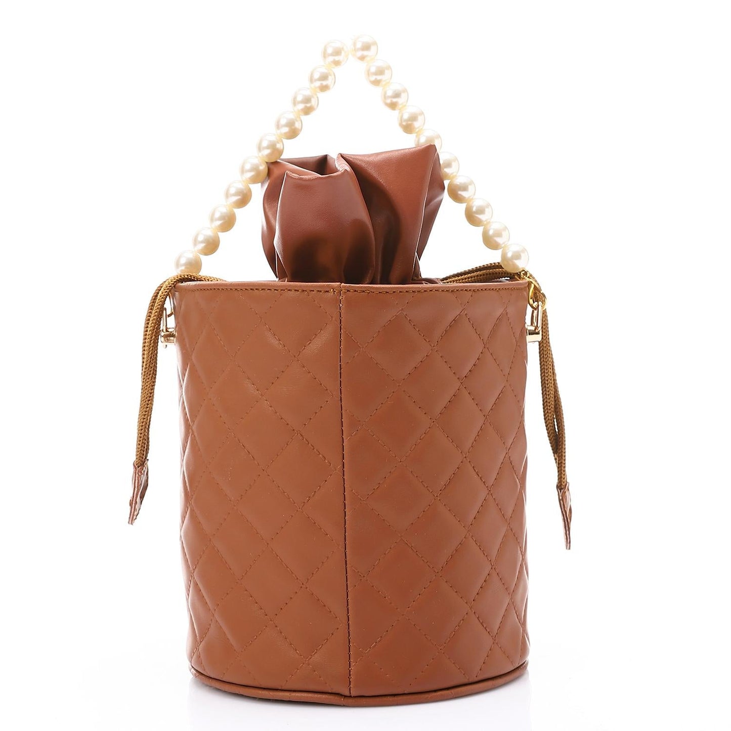 Faux leather Bucket Bag with Pearl Handle - Brown
