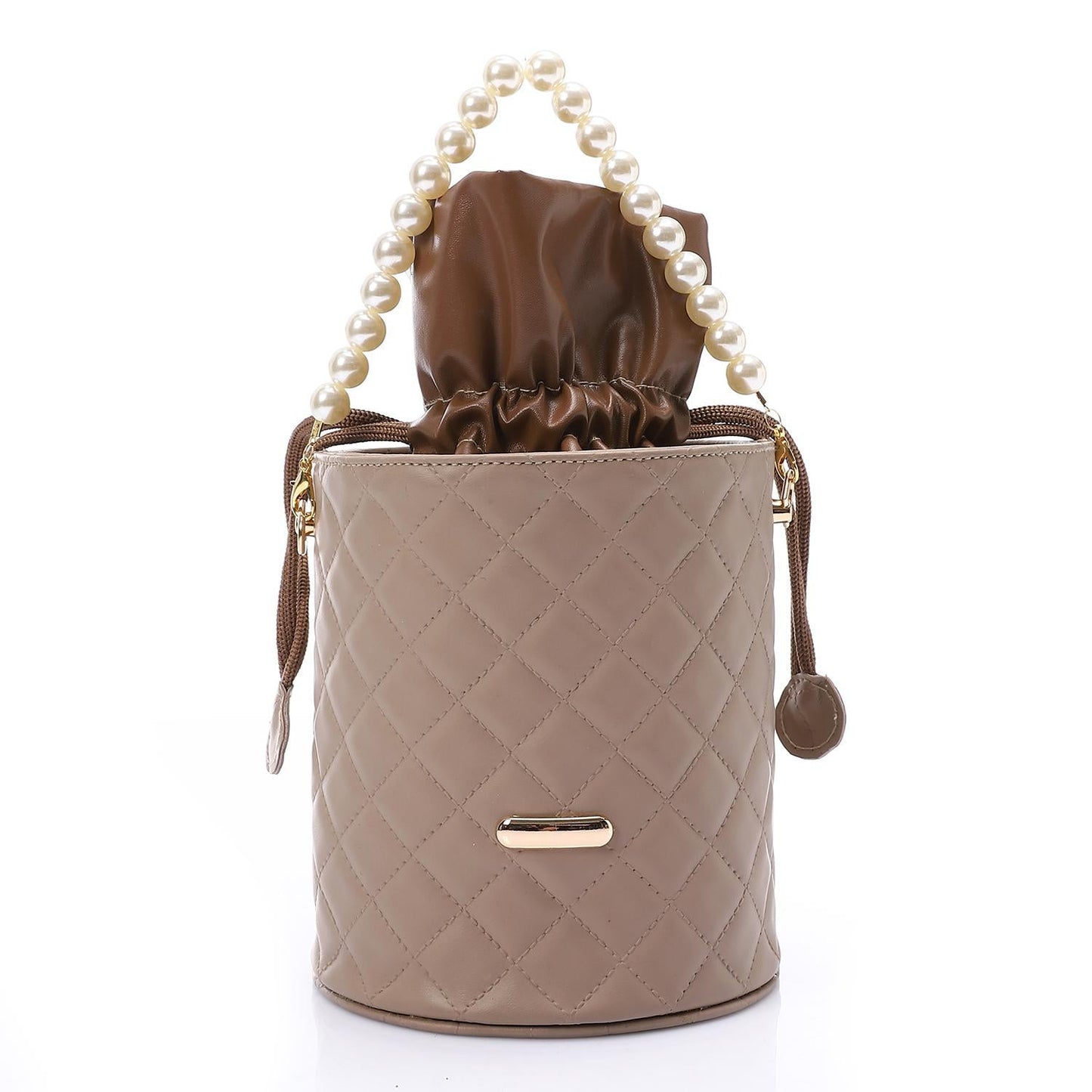 Faux leather Bucket Bag with Pearl Handle - Coffee