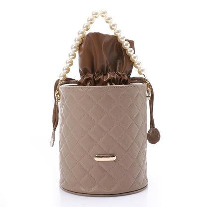 Faux leather Bucket Bag with Pearl Handle - Coffee