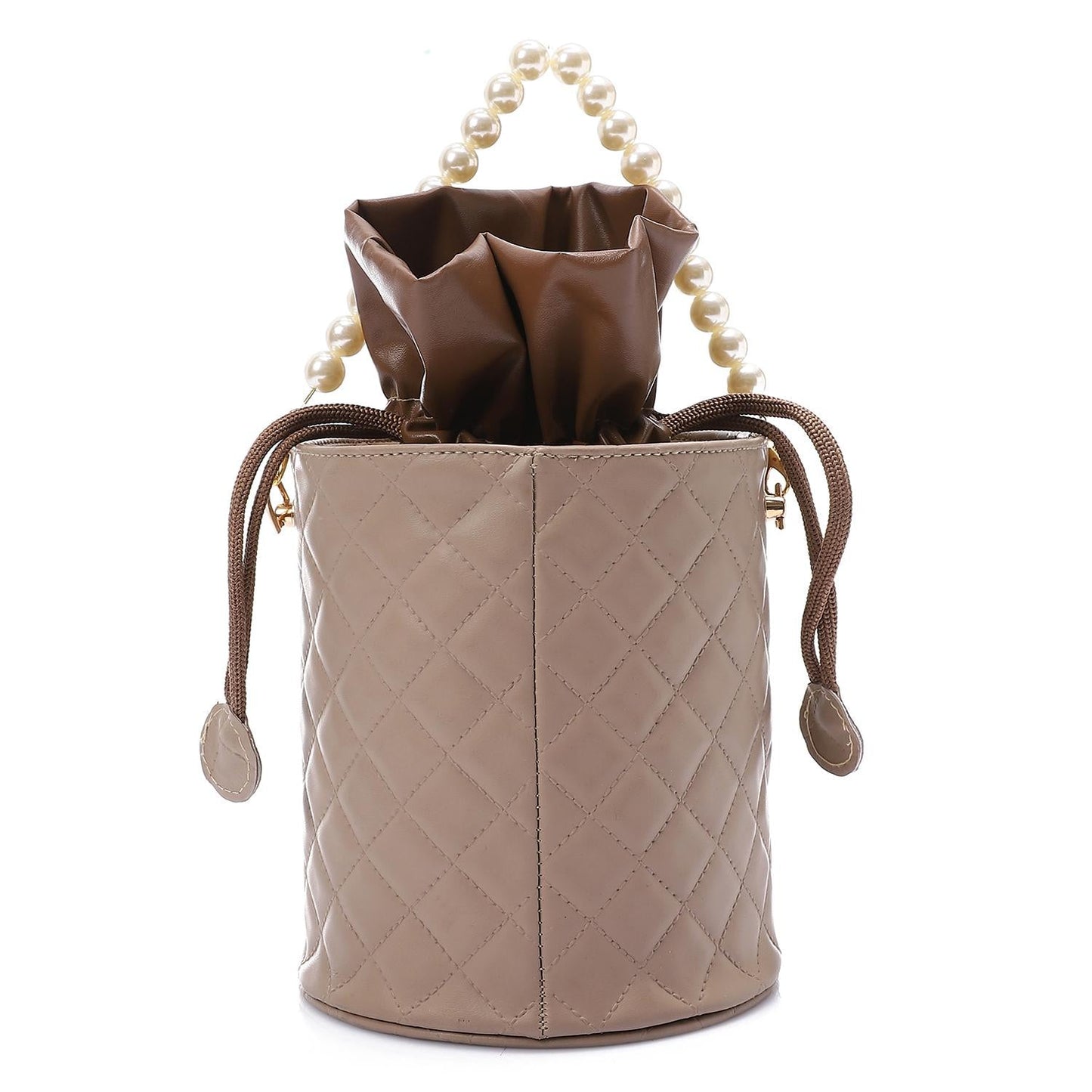 Faux leather Bucket Bag with Pearl Handle - Coffee