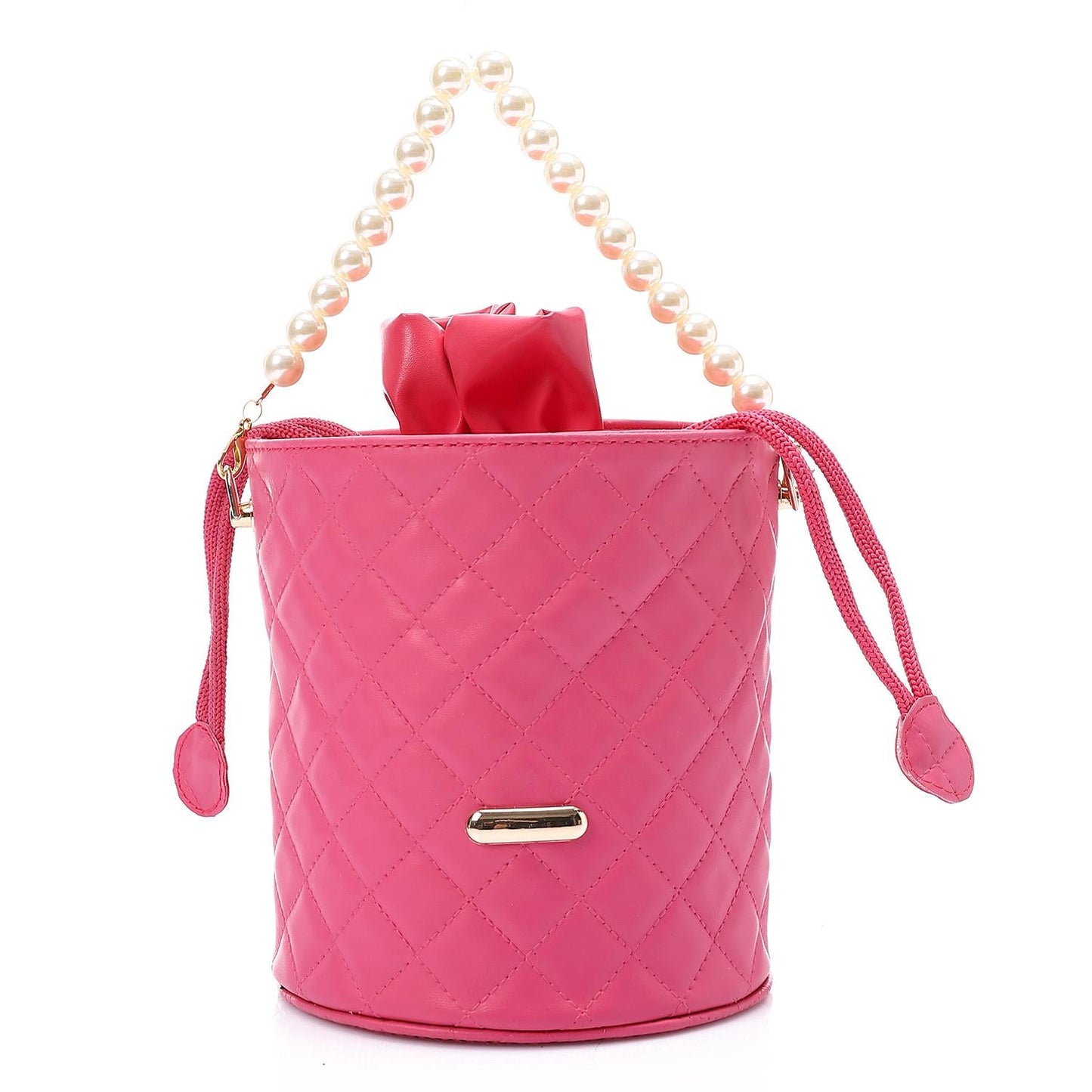 Faux leather Bucket Bag with Pearl Handle - Pink