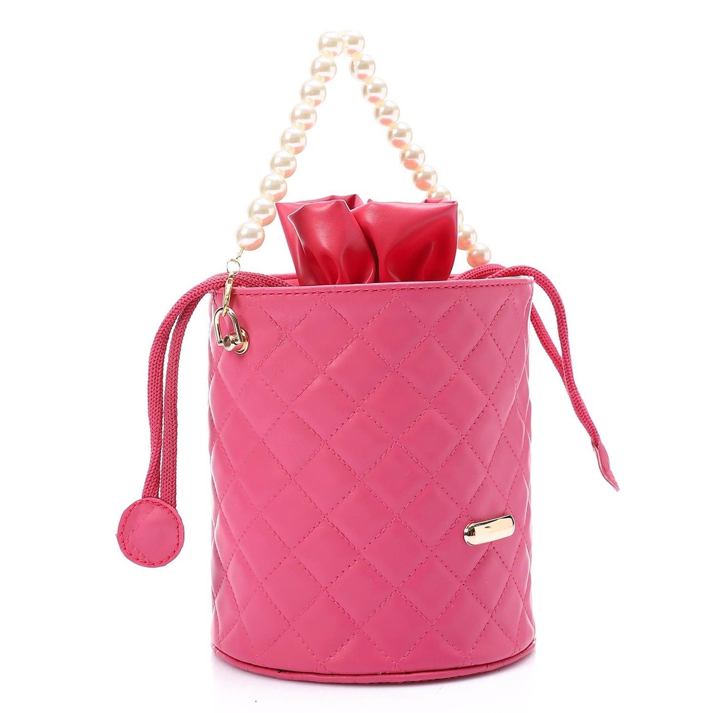 Faux leather Bucket Bag with Pearl Handle - Pink