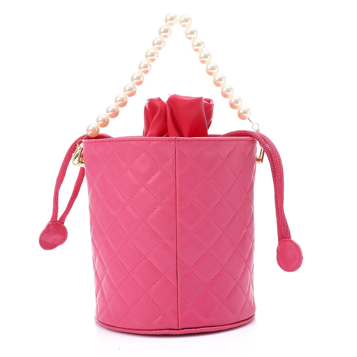Faux leather Bucket Bag with Pearl Handle - Pink