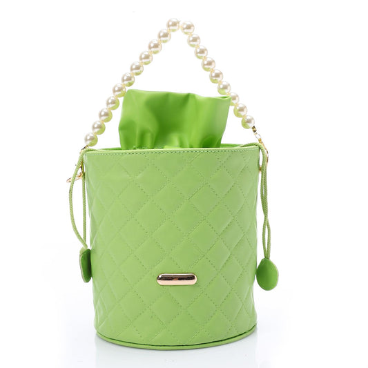 Faux leather Bucket Bag with Pearl Handle - Mint