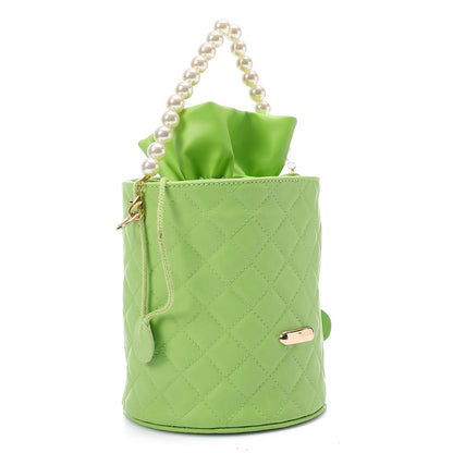 Faux leather Bucket Bag with Pearl Handle - Mint