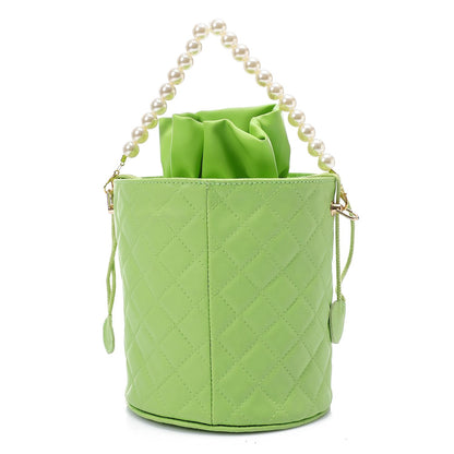 Faux leather Bucket Bag with Pearl Handle - Mint