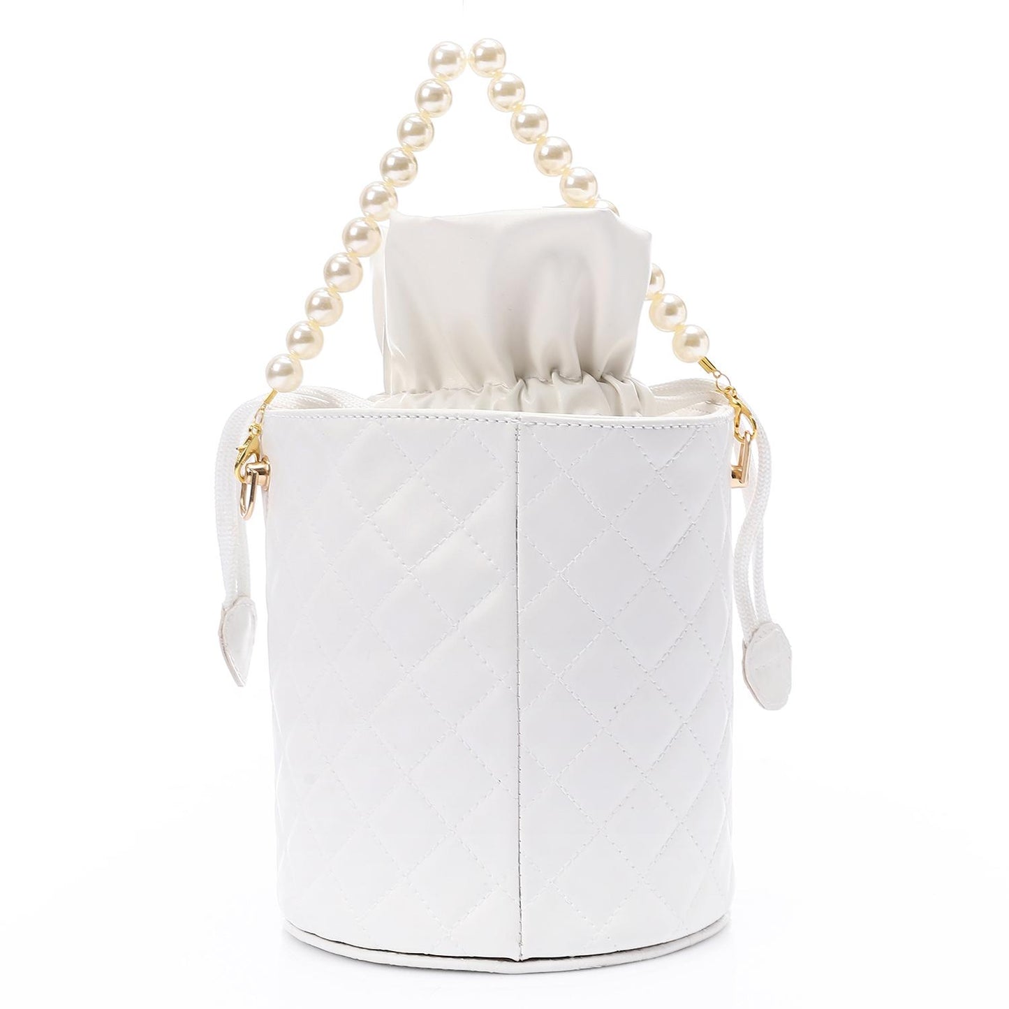 Faux leather Bucket Bag with Pearl Handle - White