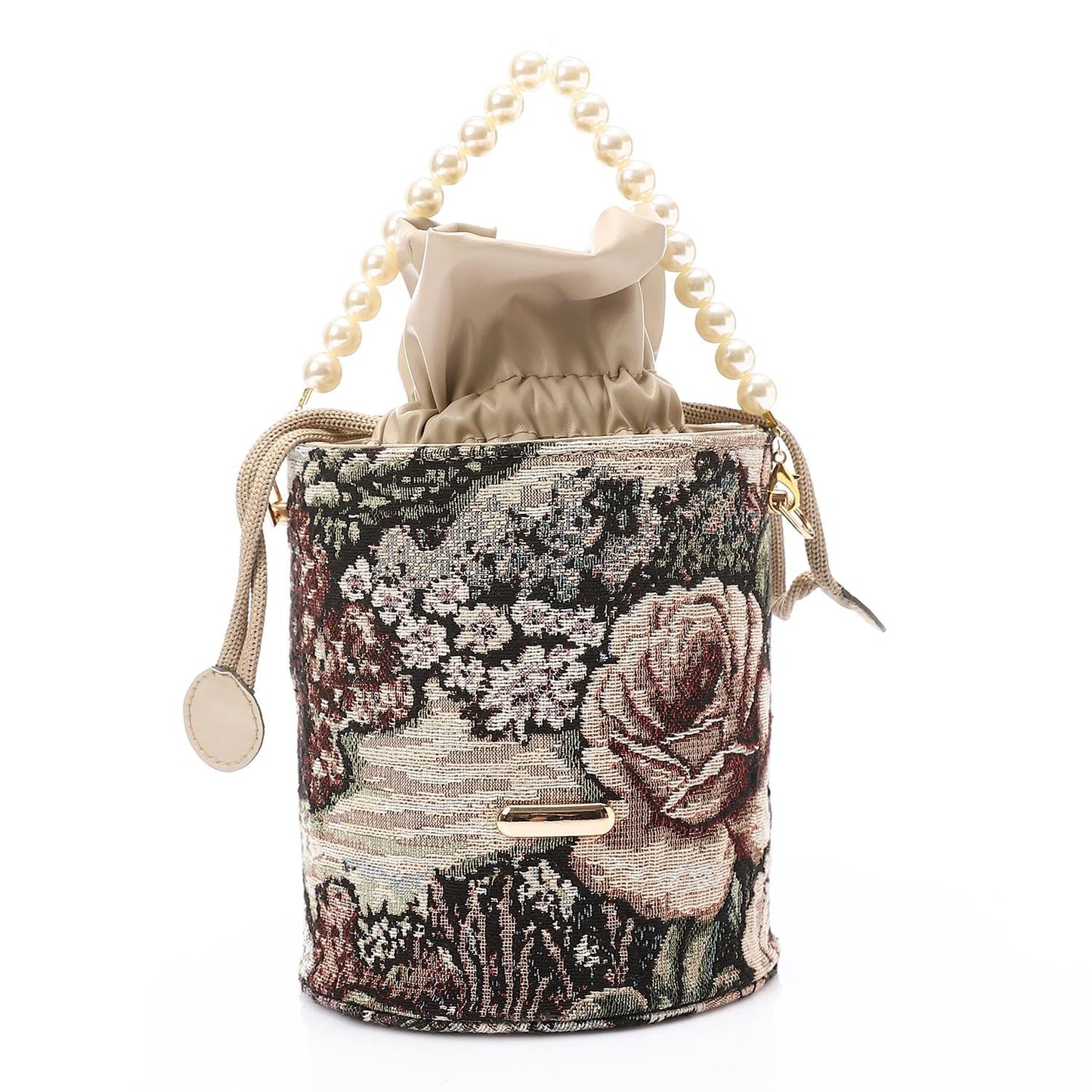 Tapestry Bucket Bag with Pearl Handle - Multicolor