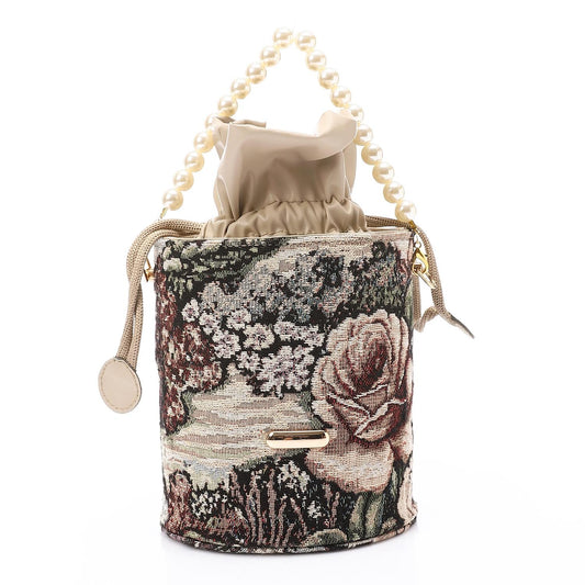 Tapestry Bucket Bag with Pearl Handle - Multicolor