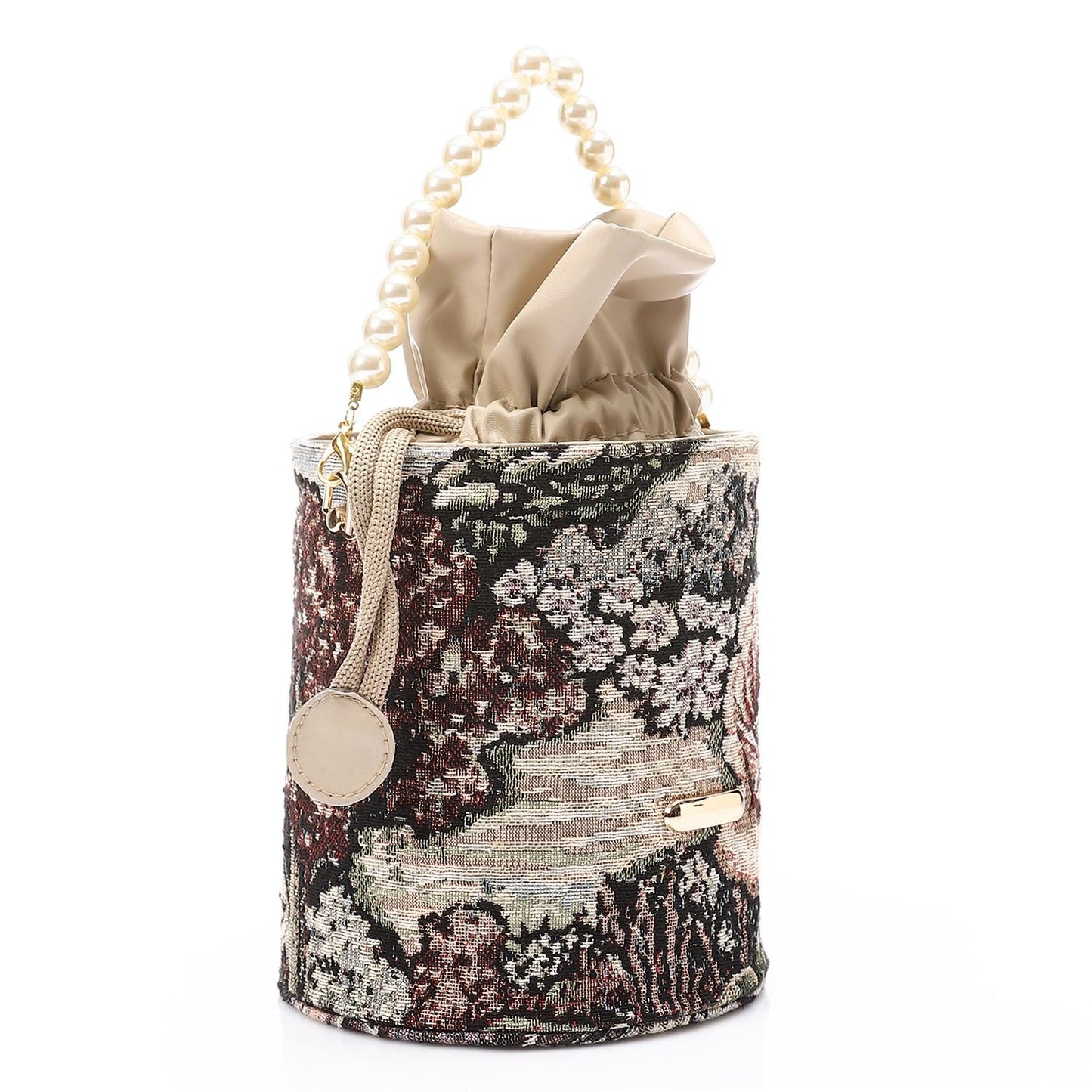 Tapestry Bucket Bag with Pearl Handle - Multicolor