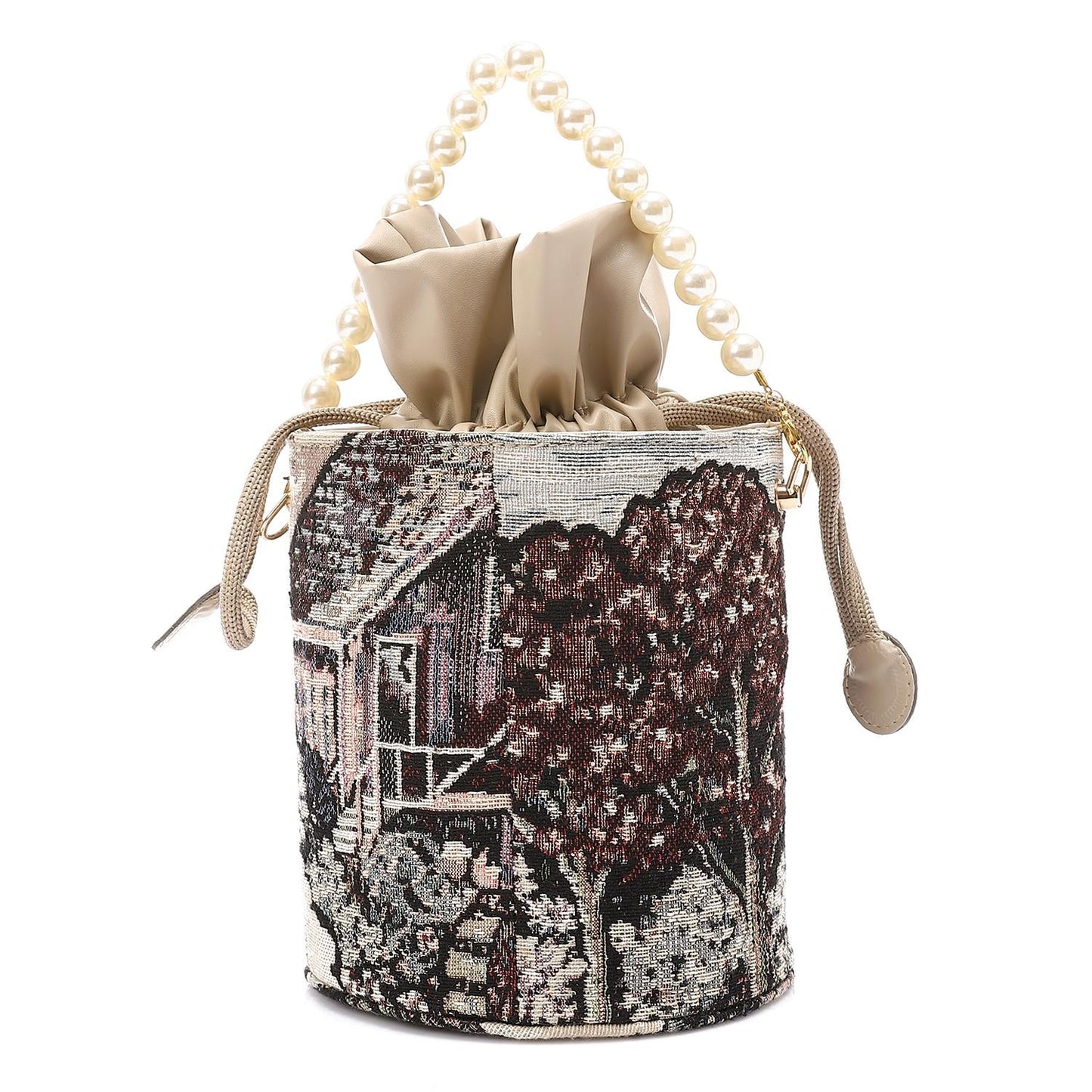 Tapestry Bucket Bag with Pearl Handle - Multicolor