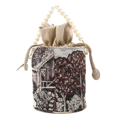 Tapestry Bucket Bag with Pearl Handle - Multicolor