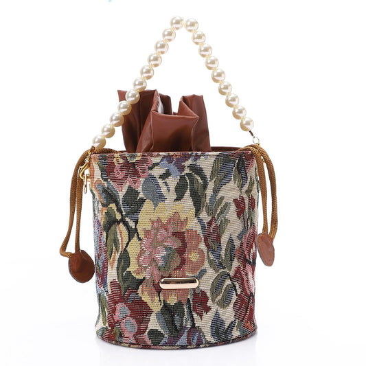 Tapestry Bucket Bag with Pearl Handle - Multicolor