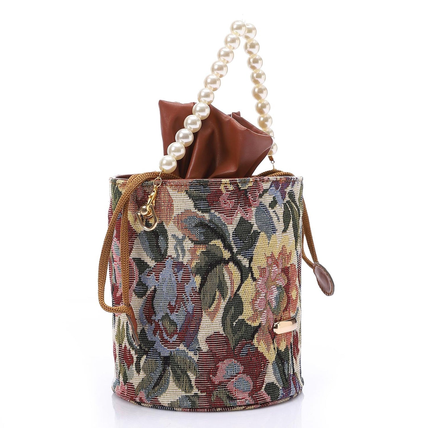 Tapestry Bucket Bag with Pearl Handle - Multicolor